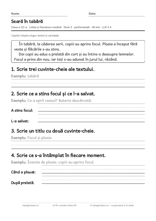Prima pagină a fișei „Seară în tabără”, clasa a III-a, nivelul 3