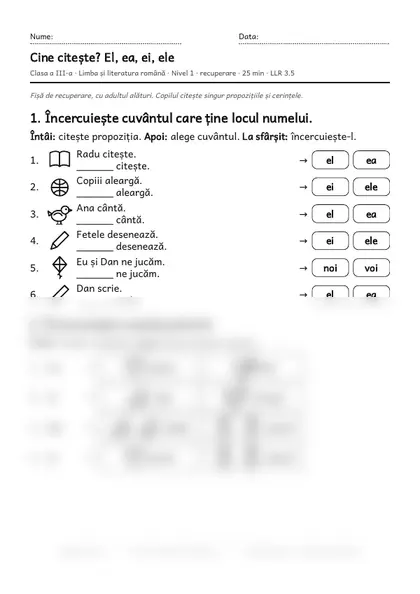 Prima pagină a fișei „Cine citește? El, ea, ei, ele”, clasa a III-a, nivelul 1