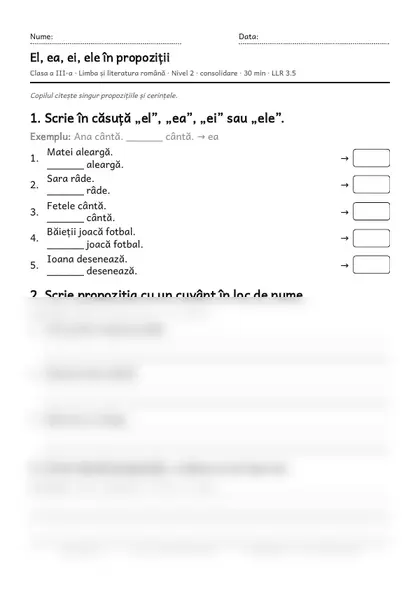 Prima pagină a fișei „El, ea, ei, ele în propoziții”, clasa a III-a, nivelul 2