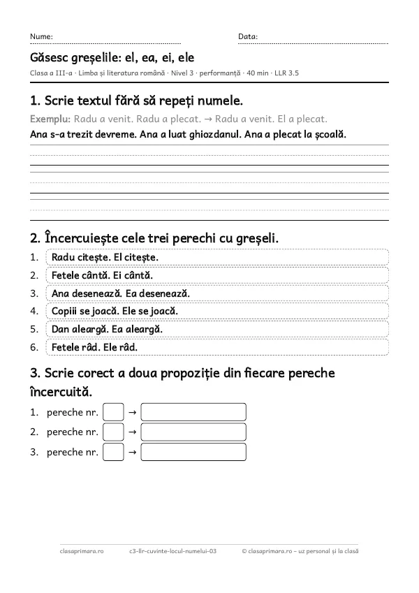 Prima pagină a fișei „Găsesc greșelile: el, ea, ei, ele”, clasa a III-a, nivelul 3