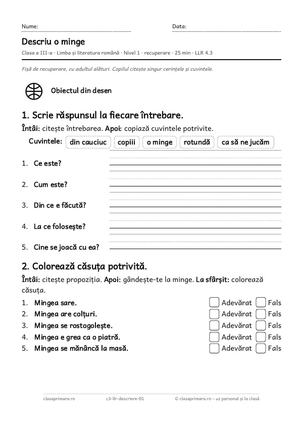 Prima pagină a fișei „Descriu o minge”, clasa a III-a, nivelul 1