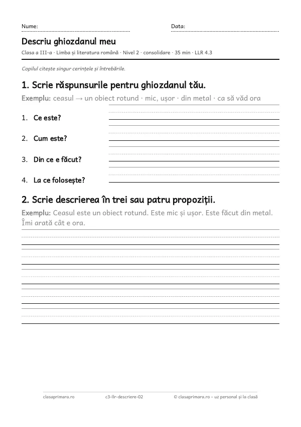 Prima pagină a fișei „Descriu ghiozdanul meu”, clasa a III-a, nivelul 2