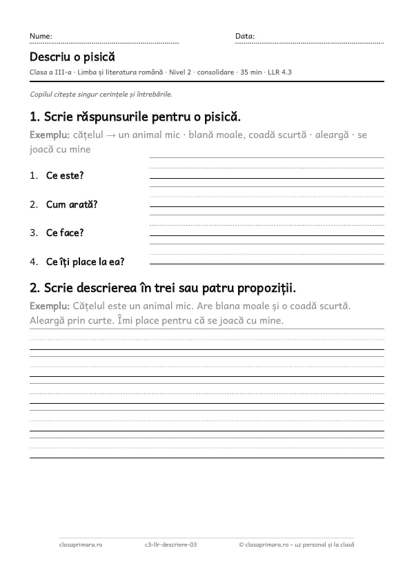 Prima pagină a fișei „Descriu o pisică”, clasa a III-a, nivelul 2
