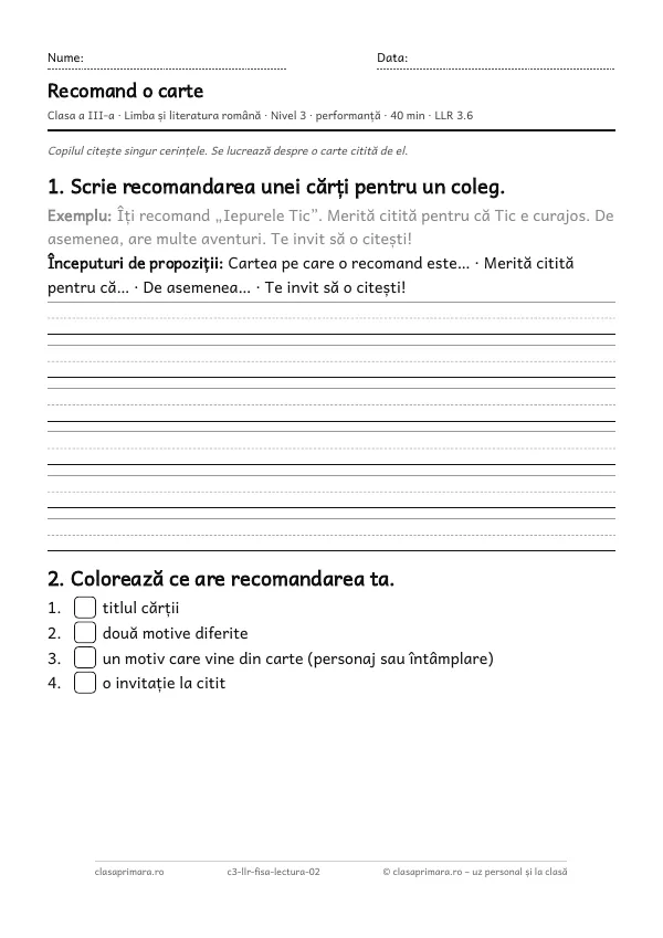Prima pagină a fișei „Recomand o carte”, clasa a III-a, nivelul 3