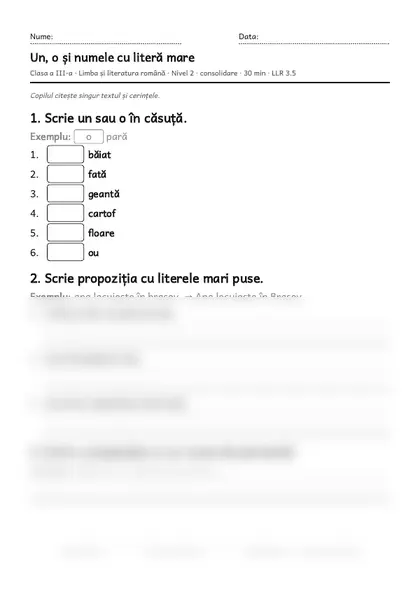 Prima pagină a fișei „Un, o și numele cu literă mare”, clasa a III-a, nivelul 2