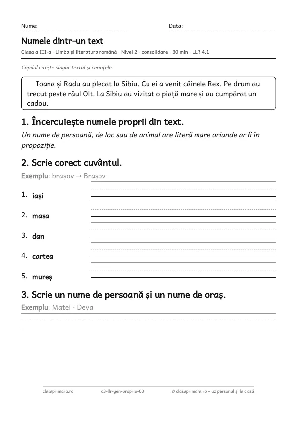 Prima pagină a fișei „Numele dintr-un text”, clasa a III-a, nivelul 2
