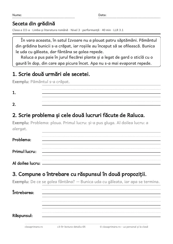 Prima pagină a fișei „Seceta din grădină”, clasa a III-a, nivelul 3