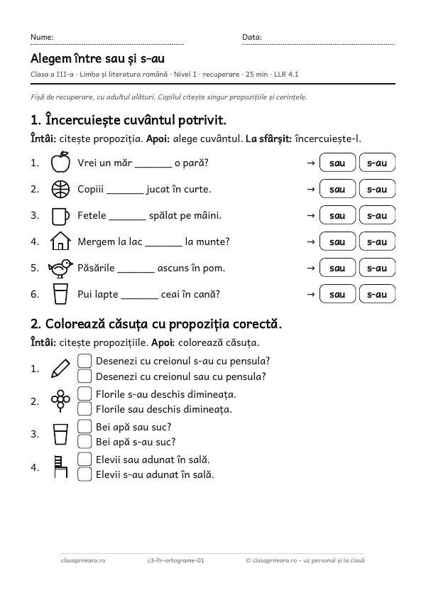 Prima pagină a fișei „Alegem între sau și s-au”, clasa a III-a, nivelul 1