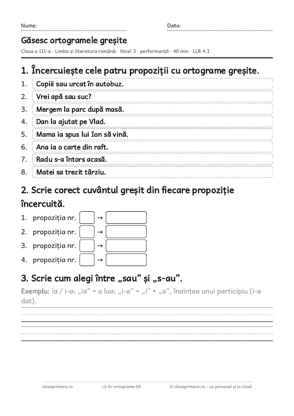 Prima pagină a fișei „Găsesc ortogramele greșite”, clasa a III-a, nivelul 3