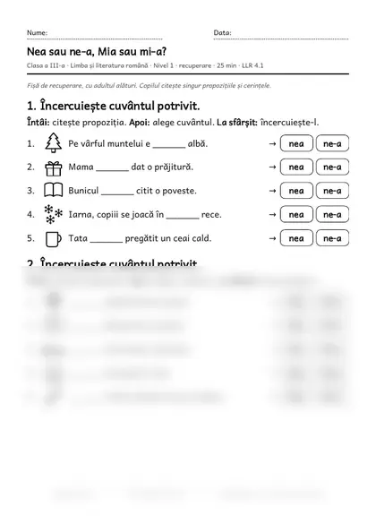 Prima pagină a fișei „Nea sau ne-a, Mia sau mi-a?”, clasa a III-a, nivelul 1