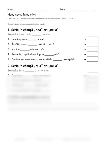 Prima pagină a fișei „Nea, ne-a, Mia, mi-a”, clasa a III-a, nivelul 2