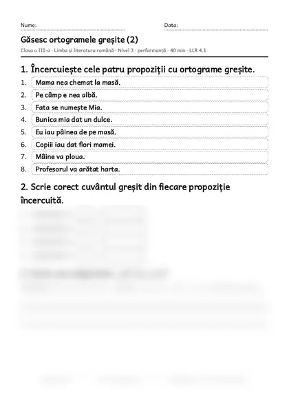 Prima pagină a fișei „Găsesc ortogramele greșite (2)”, clasa a III-a, nivelul 3