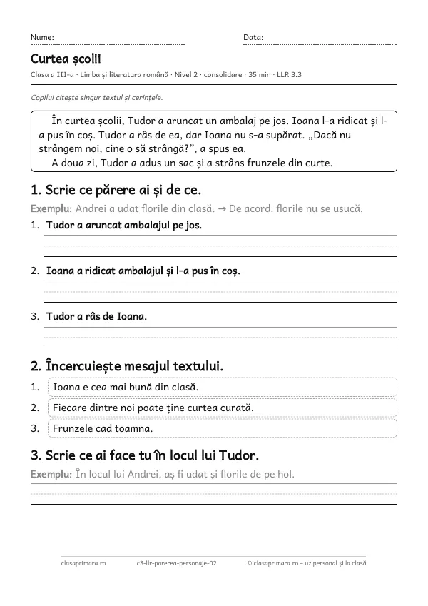 Prima pagină a fișei „Curtea școlii”, clasa a III-a, nivelul 2