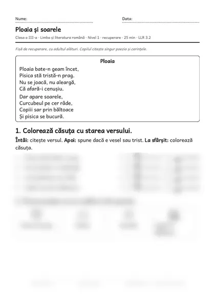 Prima pagină a fișei „Ploaia și soarele”, clasa a III-a, nivelul 1