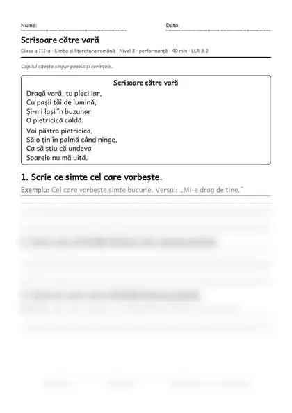 Prima pagină a fișei „Scrisoare către vară”, clasa a III-a, nivelul 3