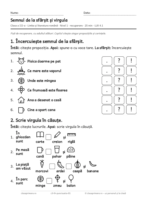 Prima pagină a fișei „Semnul de la sfârșit și virgula”, clasa a III-a, nivelul 1