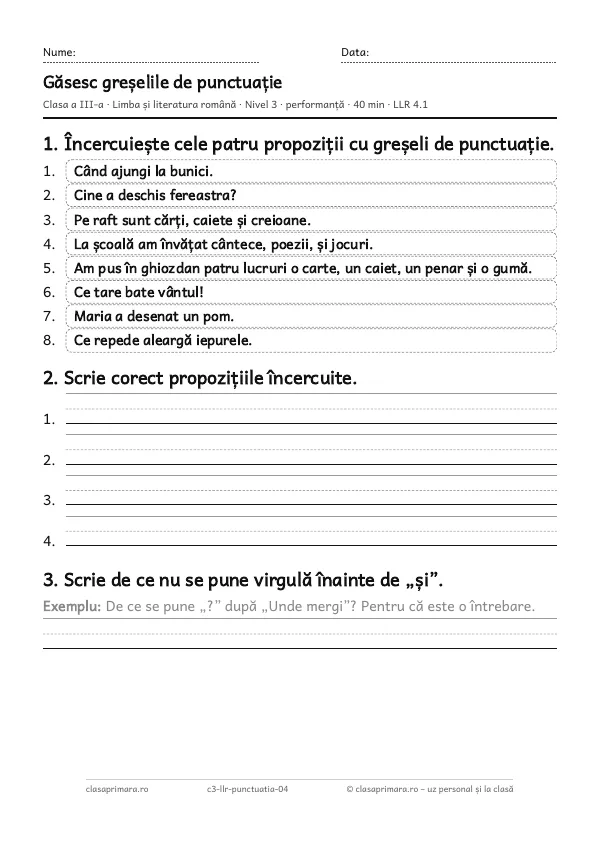Prima pagină a fișei „Găsesc greșelile de punctuație”, clasa a III-a, nivelul 3