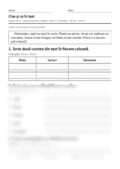 Prima pagină a fișei „Cine și ce în text”, clasa a III-a, nivelul 2