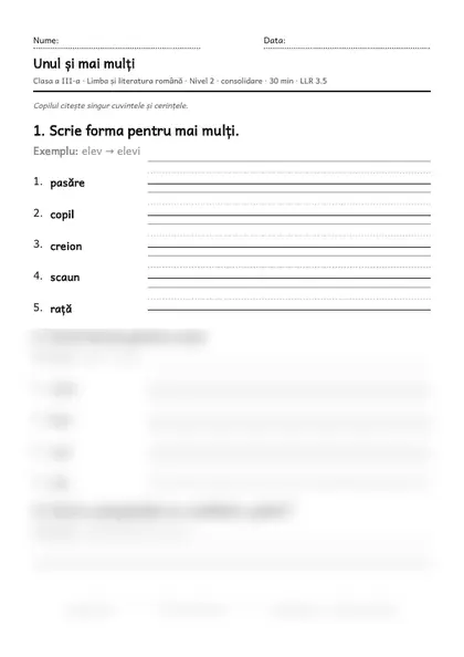 Prima pagină a fișei „Unul și mai mulți”, clasa a III-a, nivelul 2