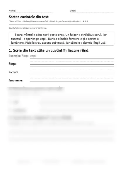 Prima pagină a fișei „Sortez cuvintele din text”, clasa a III-a, nivelul 3