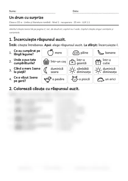 Prima pagină a fișei „Un drum cu surprize”, clasa a III-a, nivelul 1