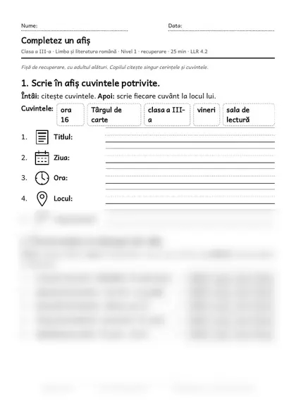 Prima pagină a fișei „Completez un afiș”, clasa a III-a, nivelul 1
