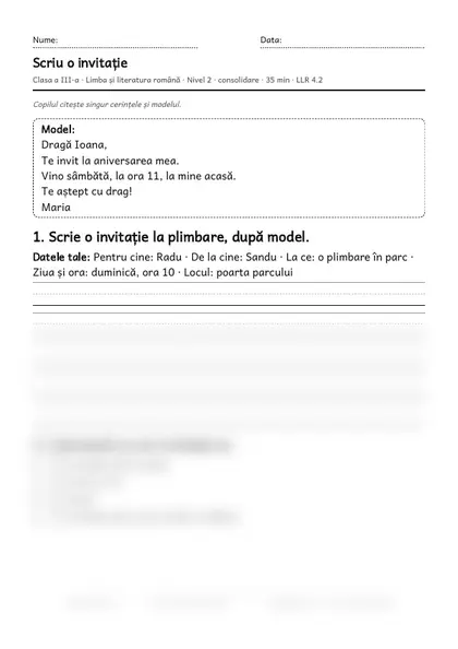 Prima pagină a fișei „Scriu o invitație”, clasa a III-a, nivelul 2