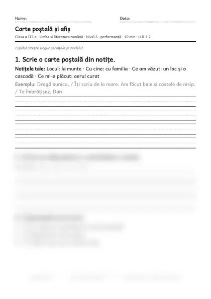 Prima pagină a fișei „Carte poștală și afiș”, clasa a III-a, nivelul 3
