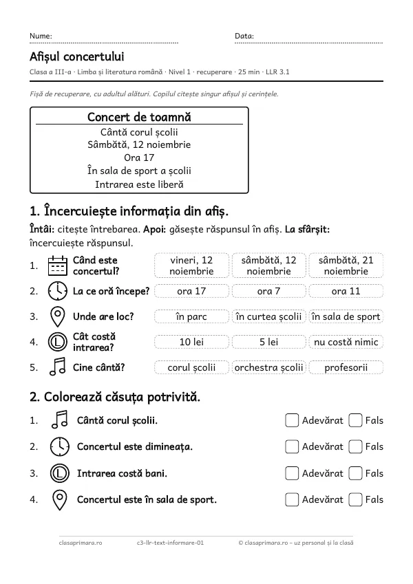 Prima pagină a fișei „Afișul concertului”, clasa a III-a, nivelul 1