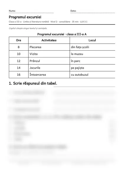 Prima pagină a fișei „Programul excursiei”, clasa a III-a, nivelul 2