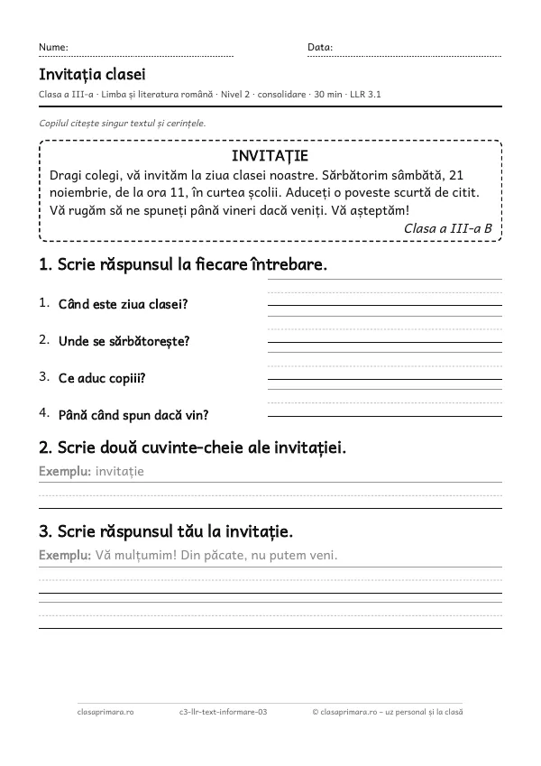 Prima pagină a fișei „Invitația clasei”, clasa a III-a, nivelul 2