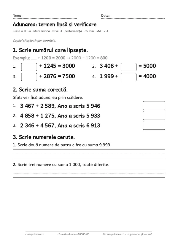 Prima pagină a fișei „Adunarea: termen lipsă și verificare”, clasa a III-a, nivelul 3