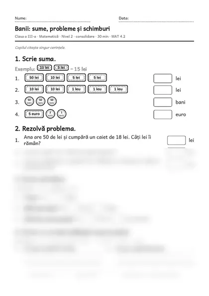Prima pagină a fișei „Banii: sume, probleme și schimburi”, clasa a III-a, nivelul 2