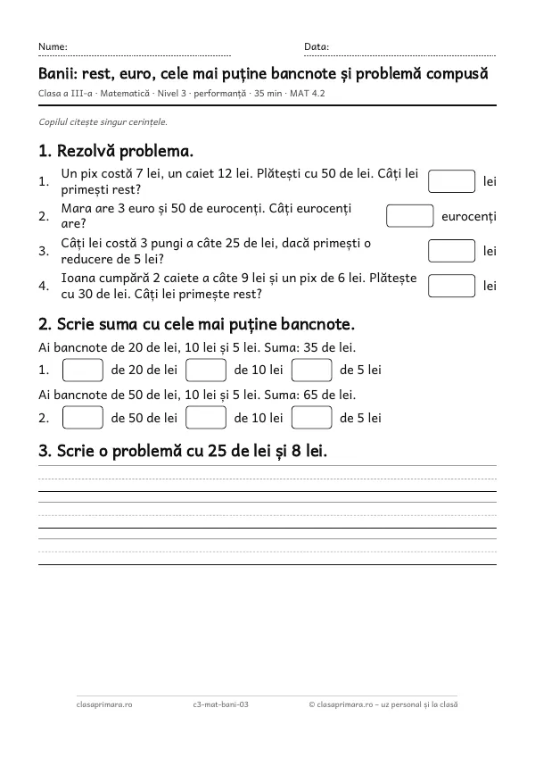 Prima pagină a fișei „Banii: rest, euro, cele mai puține bancnote și problemă compusă”, clasa a III-a, nivelul 3
