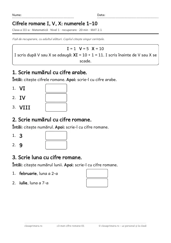 Prima pagină a fișei „Cifrele romane I, V, X: numerele 1–10”, clasa a III-a, nivelul 1