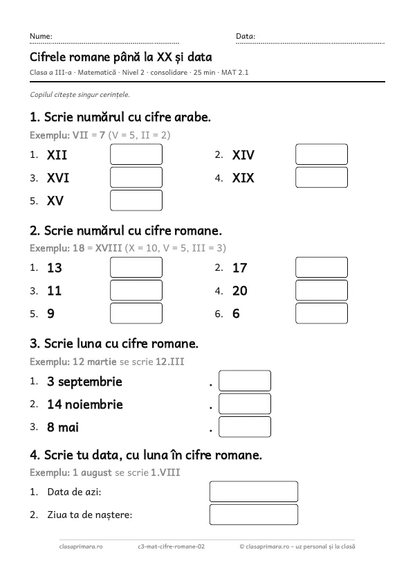 Prima pagină a fișei „Cifrele romane până la XX și data”, clasa a III-a, nivelul 2