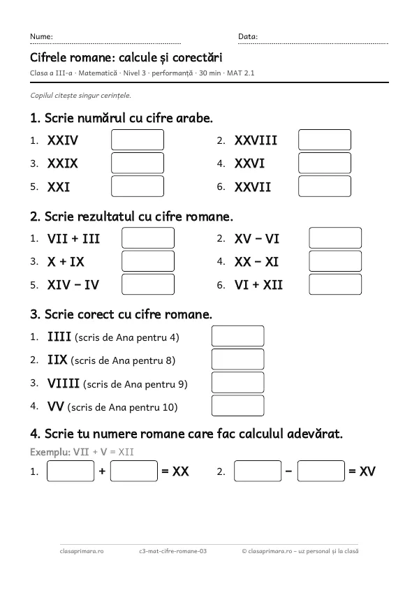 Prima pagină a fișei „Cifrele romane: calcule și corectări”, clasa a III-a, nivelul 3