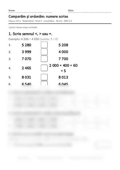Prima pagină a fișei „Comparăm și ordonăm: numere scrise”, clasa a III-a, nivelul 2