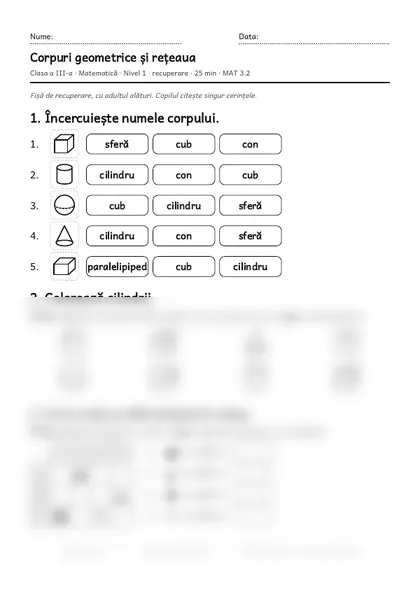 Prima pagină a fișei „Corpuri geometrice și rețeaua”, clasa a III-a, nivelul 1