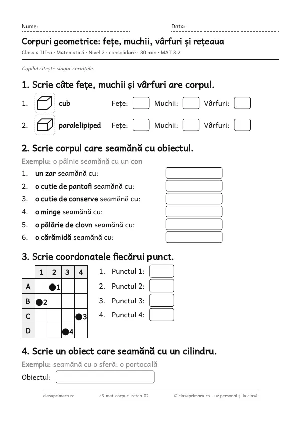 Prima pagină a fișei „Corpuri geometrice: fețe, muchii, vârfuri și rețeaua”, clasa a III-a, nivelul 2