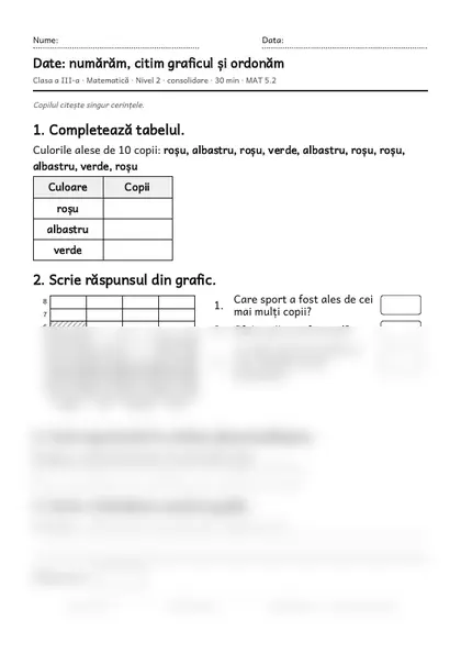 Prima pagină a fișei „Date: numărăm, citim graficul și ordonăm”, clasa a III-a, nivelul 2