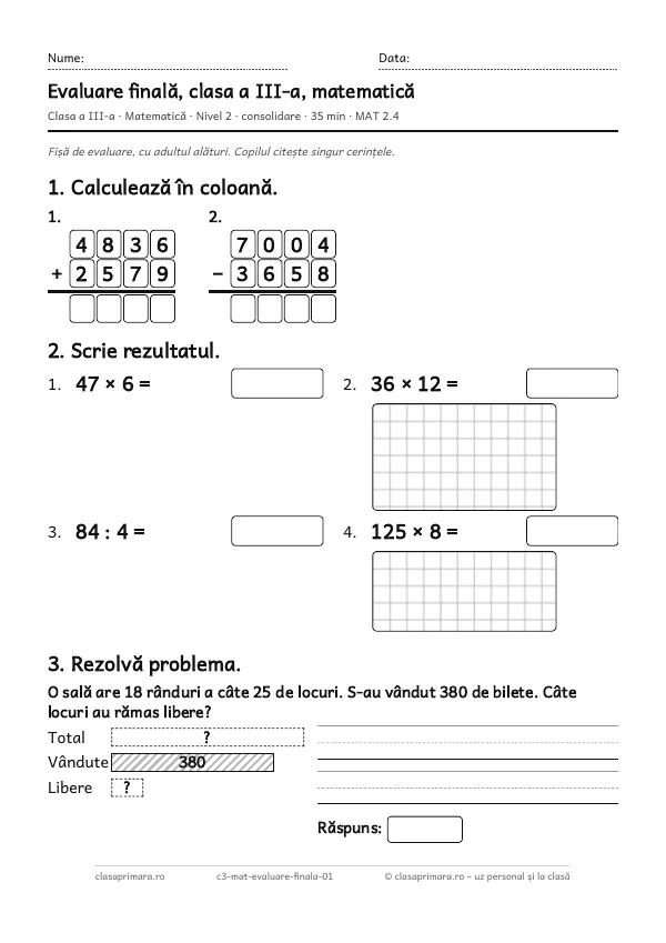 Prima pagină a fișei „Evaluare finală, clasa a III-a, matematică”, clasa a III-a, nivelul 2