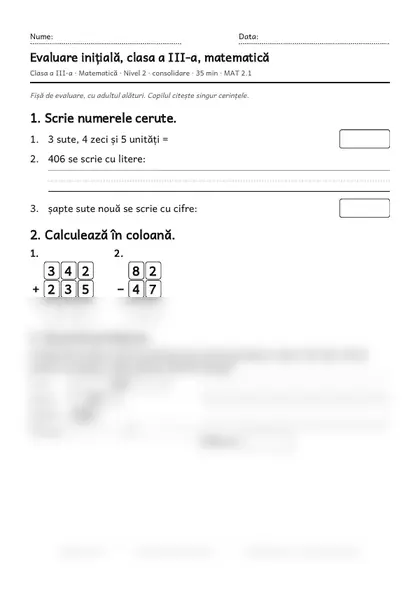 Prima pagină a fișei „Evaluare inițială, clasa a III-a, matematică”, clasa a III-a, nivelul 2