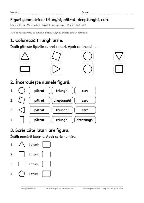 Prima pagină a fișei „Figuri geometrice: triunghi, pătrat, dreptunghi, cerc”, clasa a III-a, nivelul 1