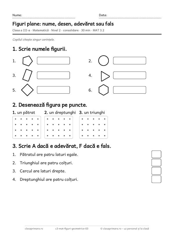 Prima pagină a fișei „Figuri plane: nume, desen, adevărat sau fals”, clasa a III-a, nivelul 2