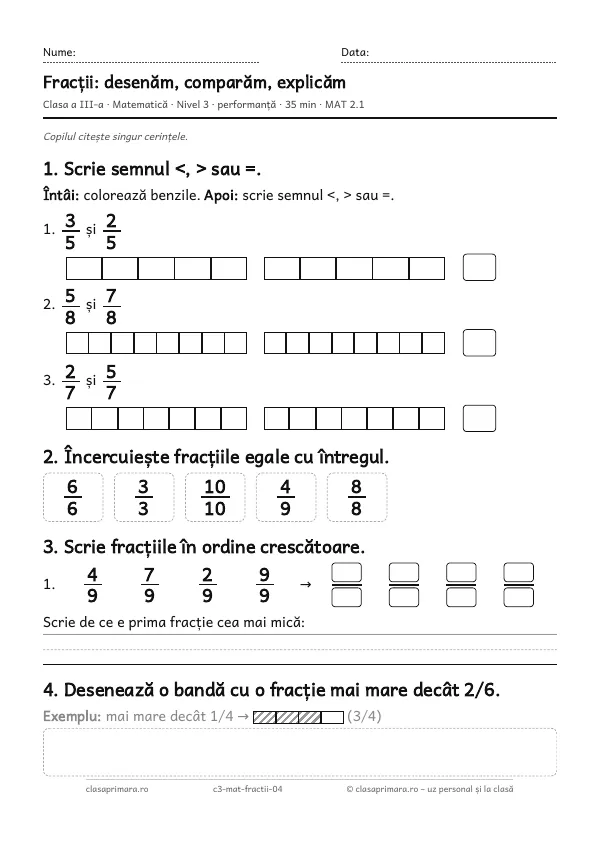 Prima pagină a fișei „Fracții: desenăm, comparăm, explicăm”, clasa a III-a, nivelul 3