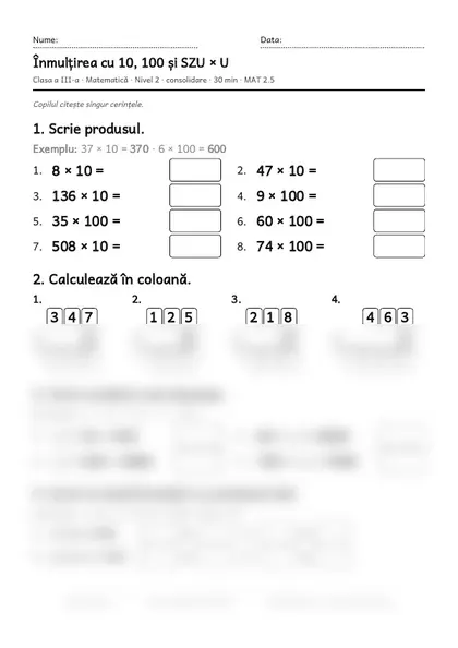 Prima pagină a fișei „Înmulțirea cu 10, 100 și SZU × U”, clasa a III-a, nivelul 2
