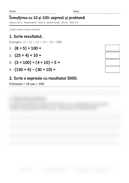 Prima pagină a fișei „Înmulțirea cu 10 și 100: expresii și problemă”, clasa a III-a, nivelul 3