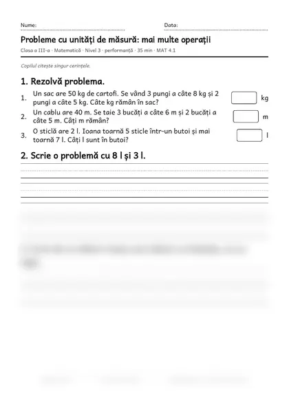 Prima pagină a fișei „Probleme cu unități de măsură: mai multe operații”, clasa a III-a, nivelul 3