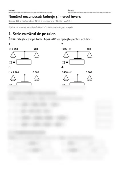 Prima pagină a fișei „Numărul necunoscut: balanța și mersul invers”, clasa a III-a, nivelul 1